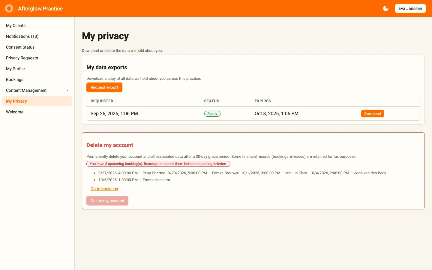 My privacy page with the My data exports and Delete my account cards