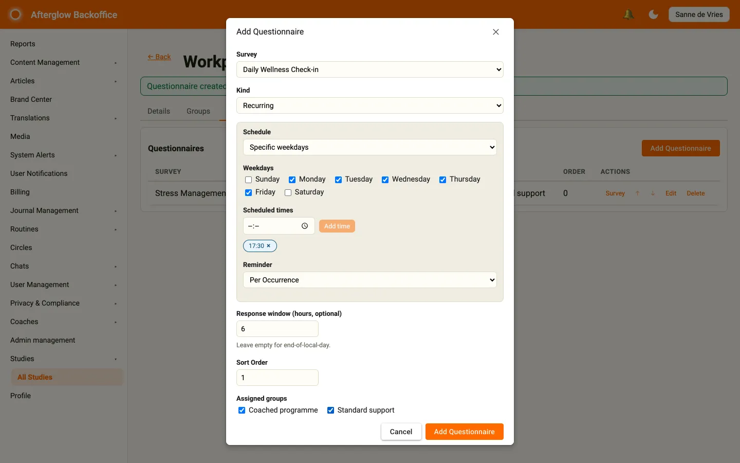 The Add Questionnaire dialog with survey, schedule, reminder and assigned-groups fields.