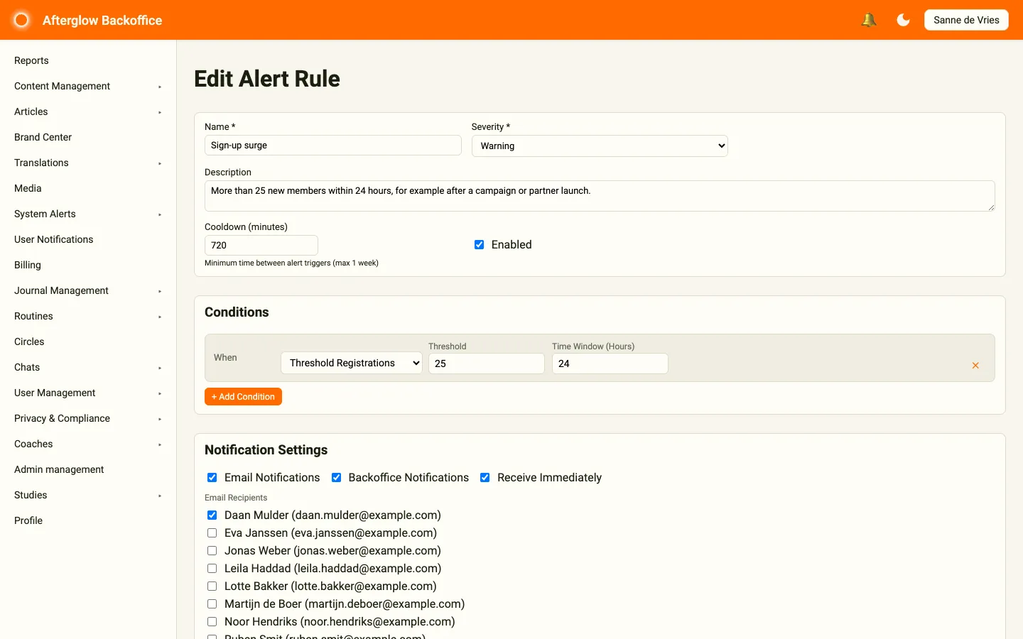 The Edit Alert Rule page showing name, severity, description, cooldown, a Threshold Registrations condition and the notification settings with email recipients