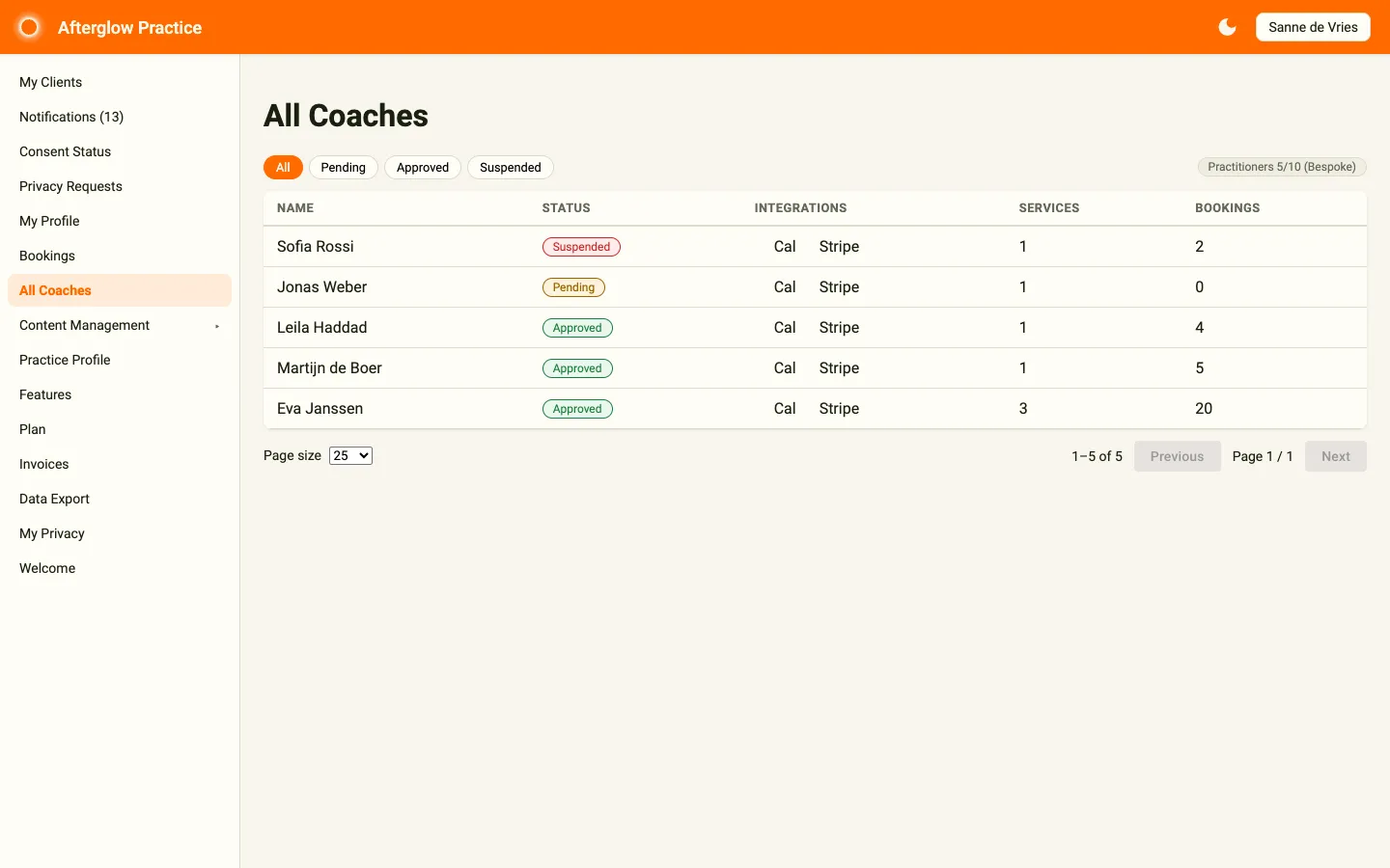 All Coaches page with status filter chips, the practitioner seat chip, and the coaches table