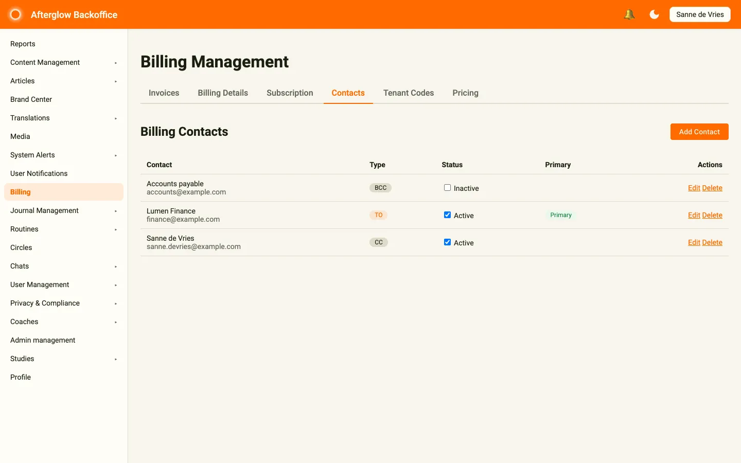 The Contacts tab listing billing contacts with their type (TO, CC or BCC), active status, primary badge and actions