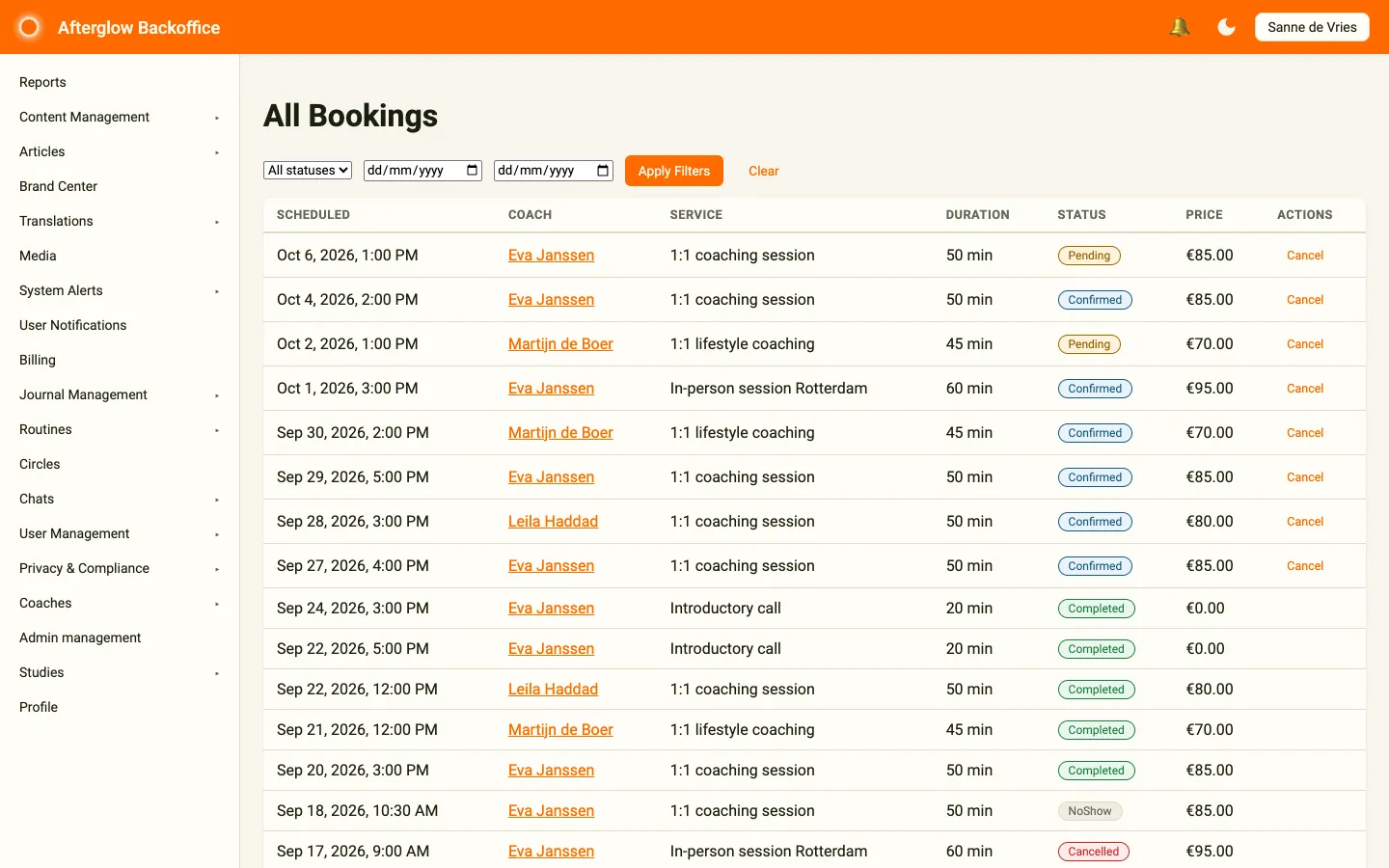 The All Bookings page showing the status and date filters and a table of bookings across all coaches.