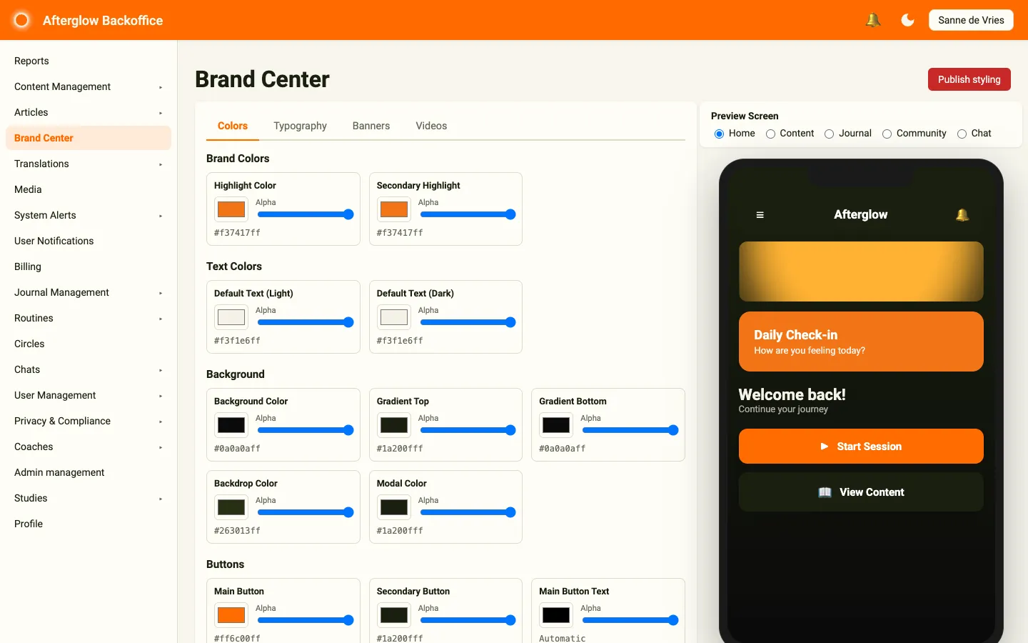 Brand Center showing color customization with phone preview
