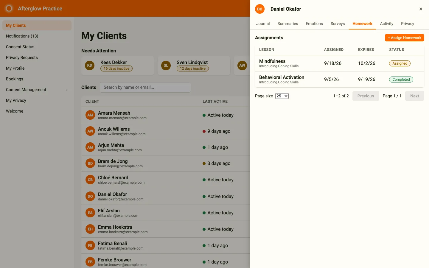 Client detail panel open on the Homework tab, showing assigned and completed lessons