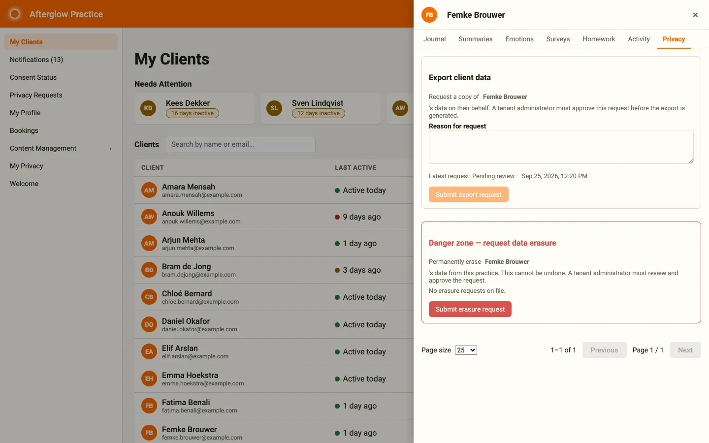 Privacy tab on the client detail panel showing the export and erasure cards