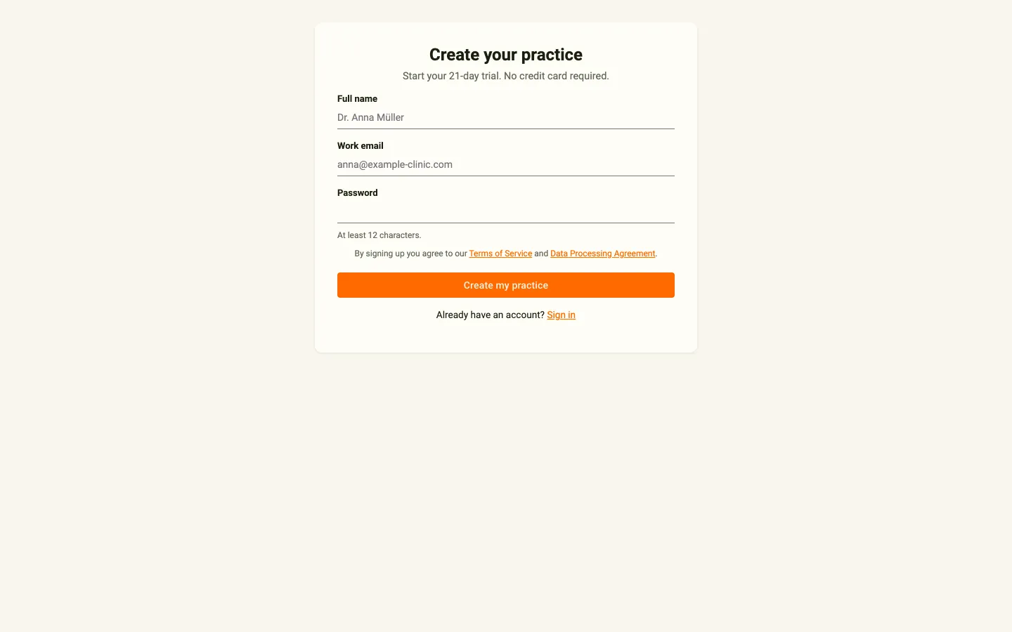 The Create your practice sign-up page with the Full name, Work email, and Password fields