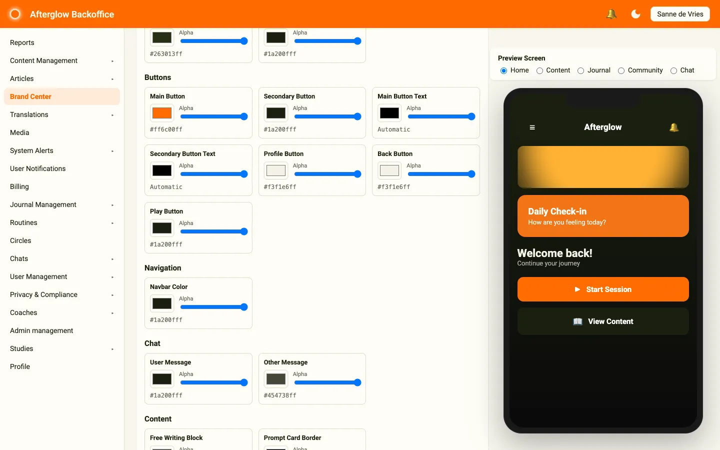 The Buttons group on the Colors tab, with Main Button Text and Secondary Button Text set to Automatic, next to the live phone preview