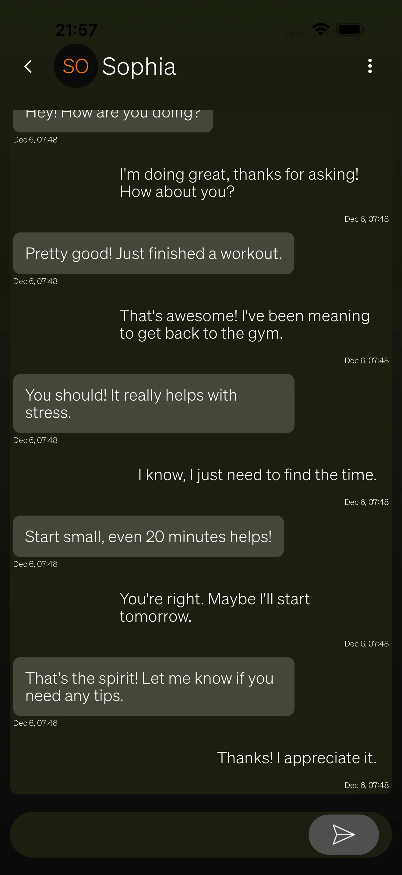 A chat conversation showing message bubbles with timestamps.