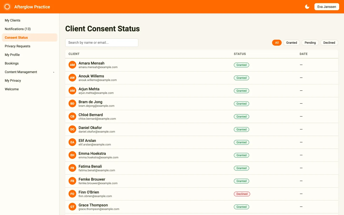 Consent Status page with filter chips and consent table