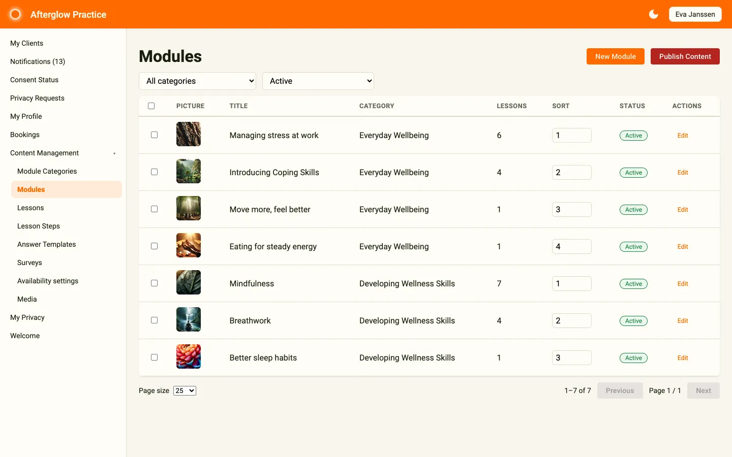 Practice sidebar with Content Management expanded and the Modules page open