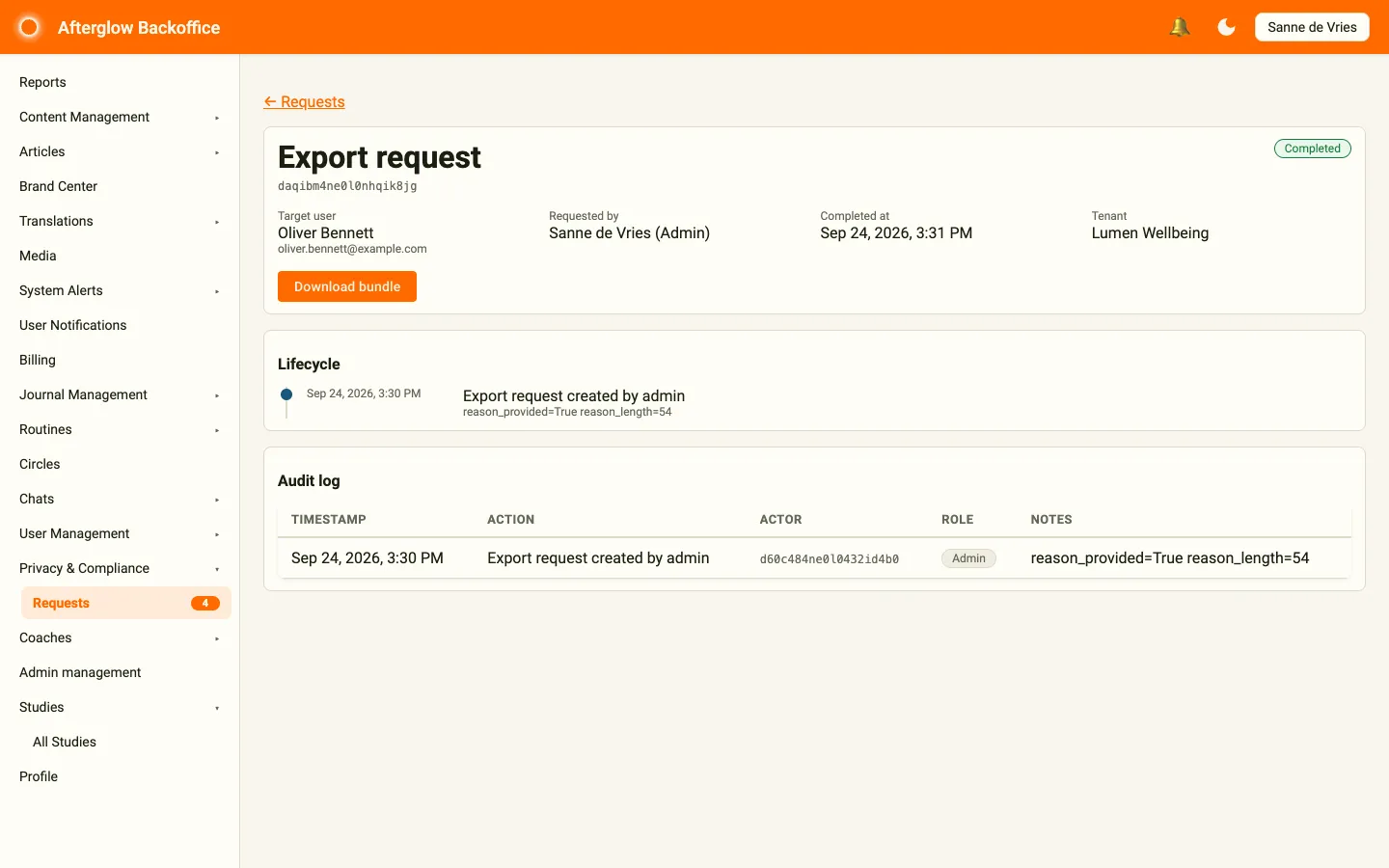 A completed export request with the Download bundle button