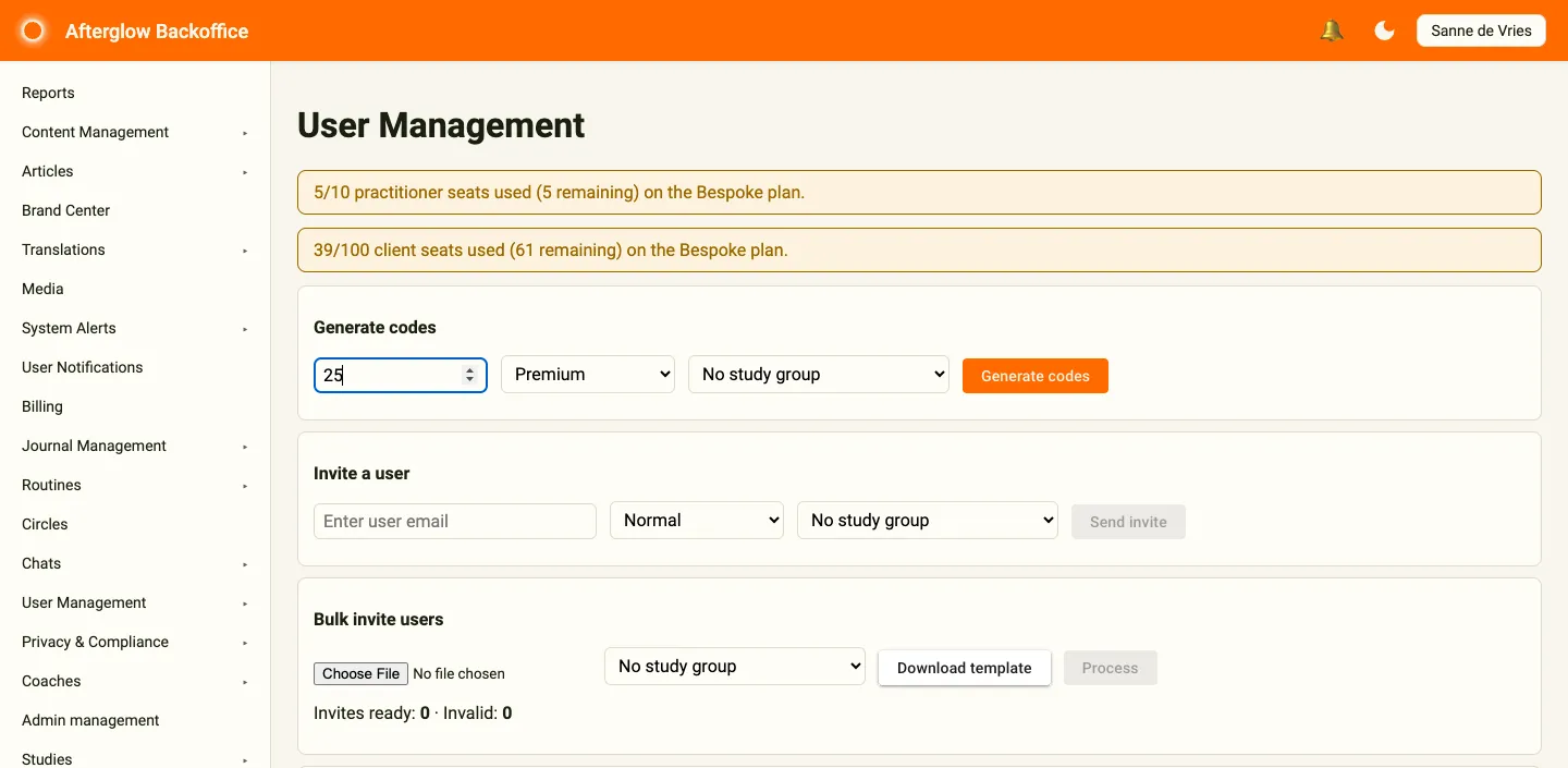 The Generate codes section filled in with 25 Premium codes, next to its study group selector