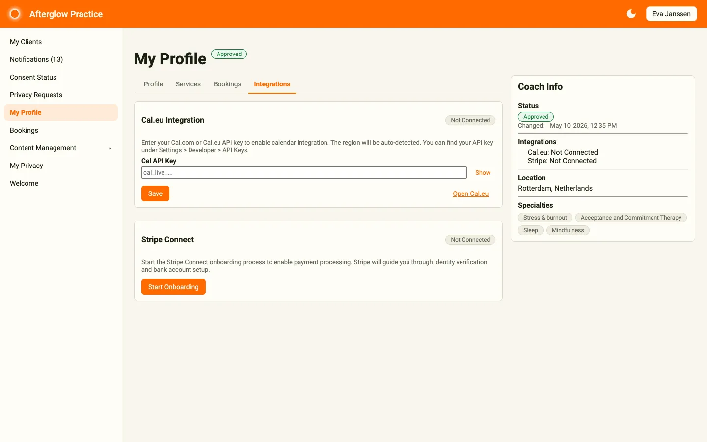 Integrations tab showing the Cal.eu Integration and Stripe Connect cards before setup