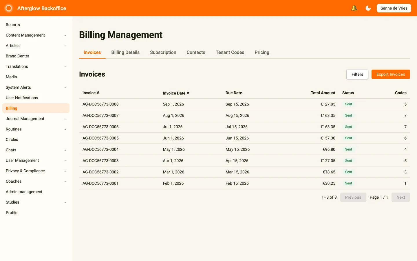 The Invoices tab showing monthly invoices with invoice number, dates, total amount, Sent status and number of codes