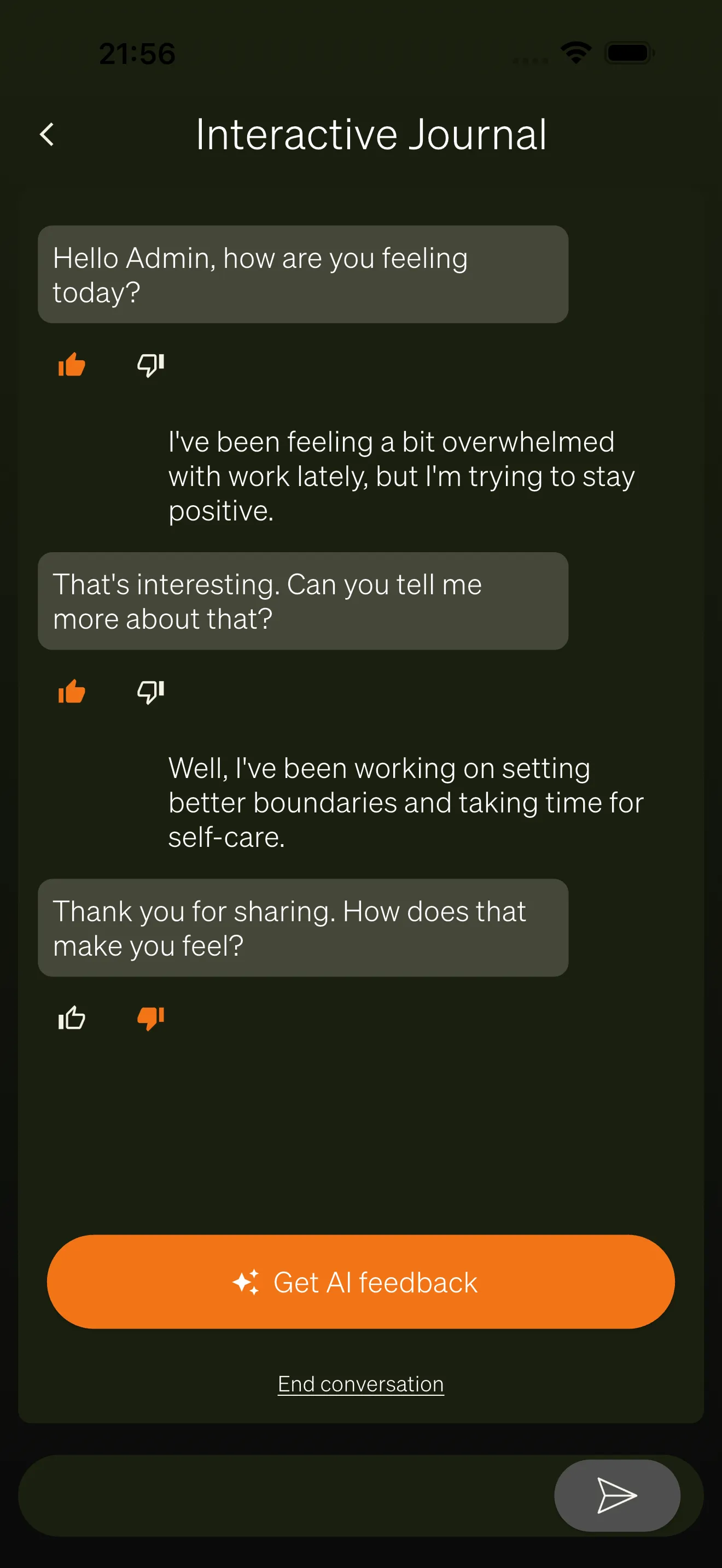 An active journal conversation with AI-generated responses and message bubbles.
