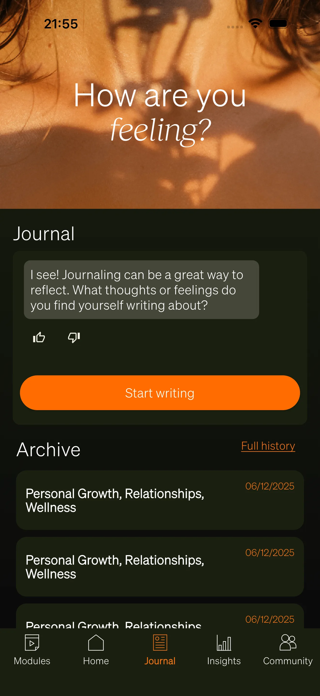 The Journal tab showing the AI assistant selector and a prompt card.
