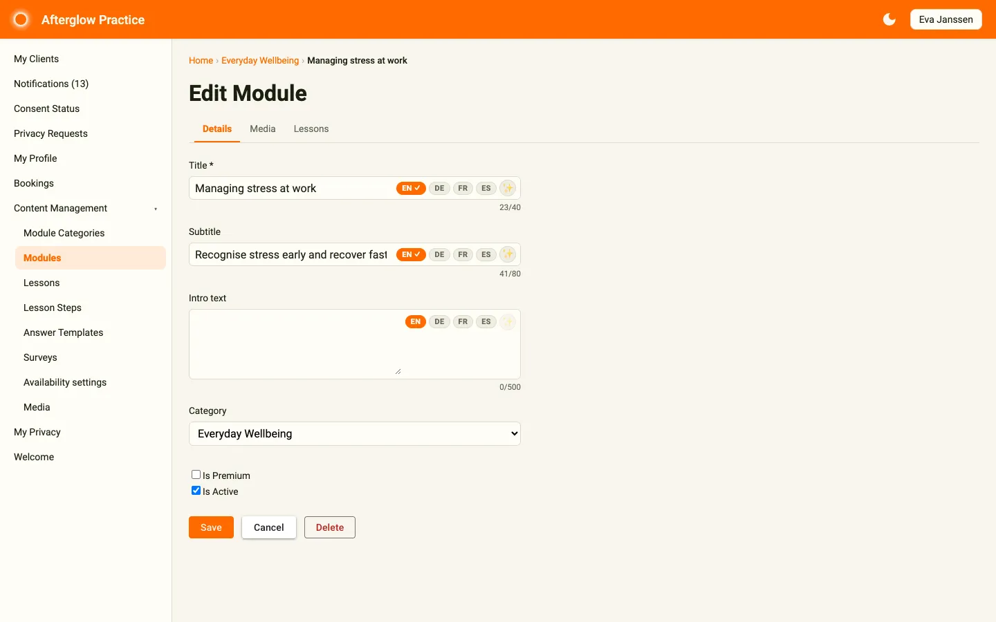 Edit Module page in Practice, showing the Details, Media, and Lessons tabs and the language tabs on each text field