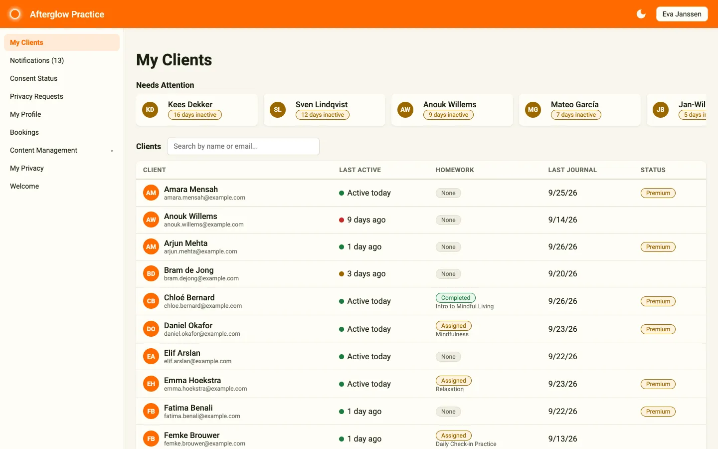 My Clients page showing Needs Attention cards and the client table