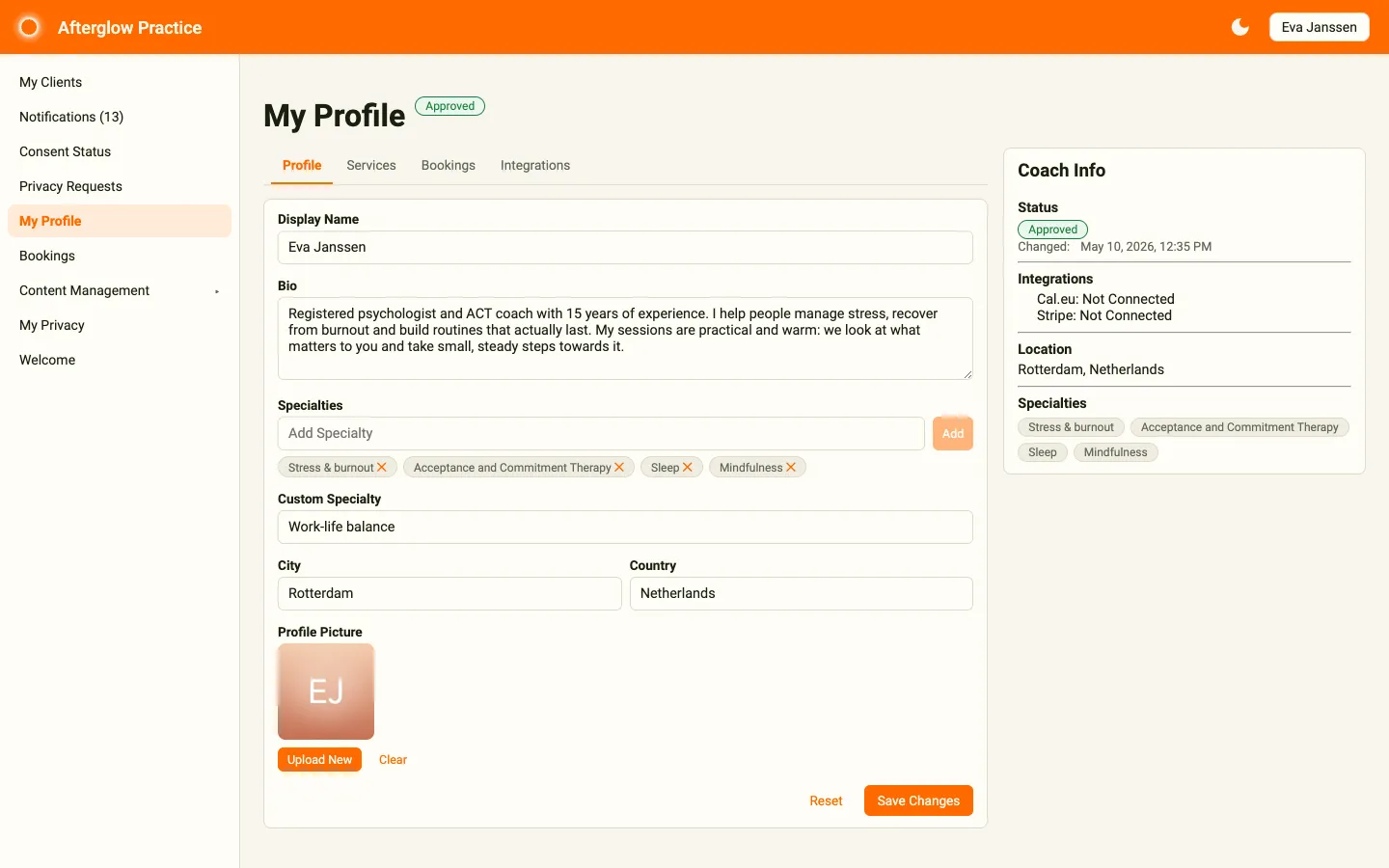 My Profile page showing the Profile tab and Coach Info sidebar