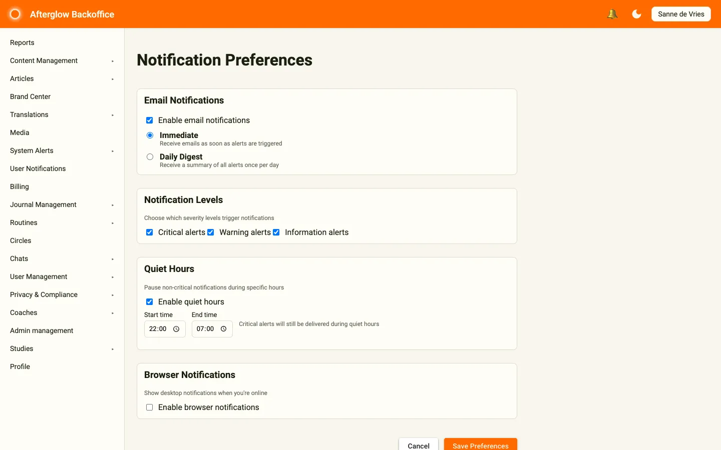 The Notification Preferences page with email delivery mode, notification levels, quiet hours and browser notifications