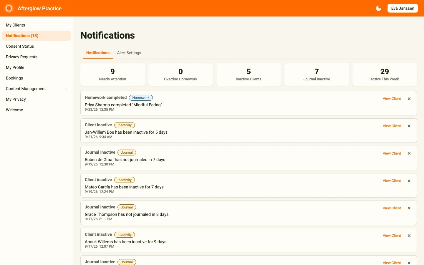 Notifications page with stats grid and alert list