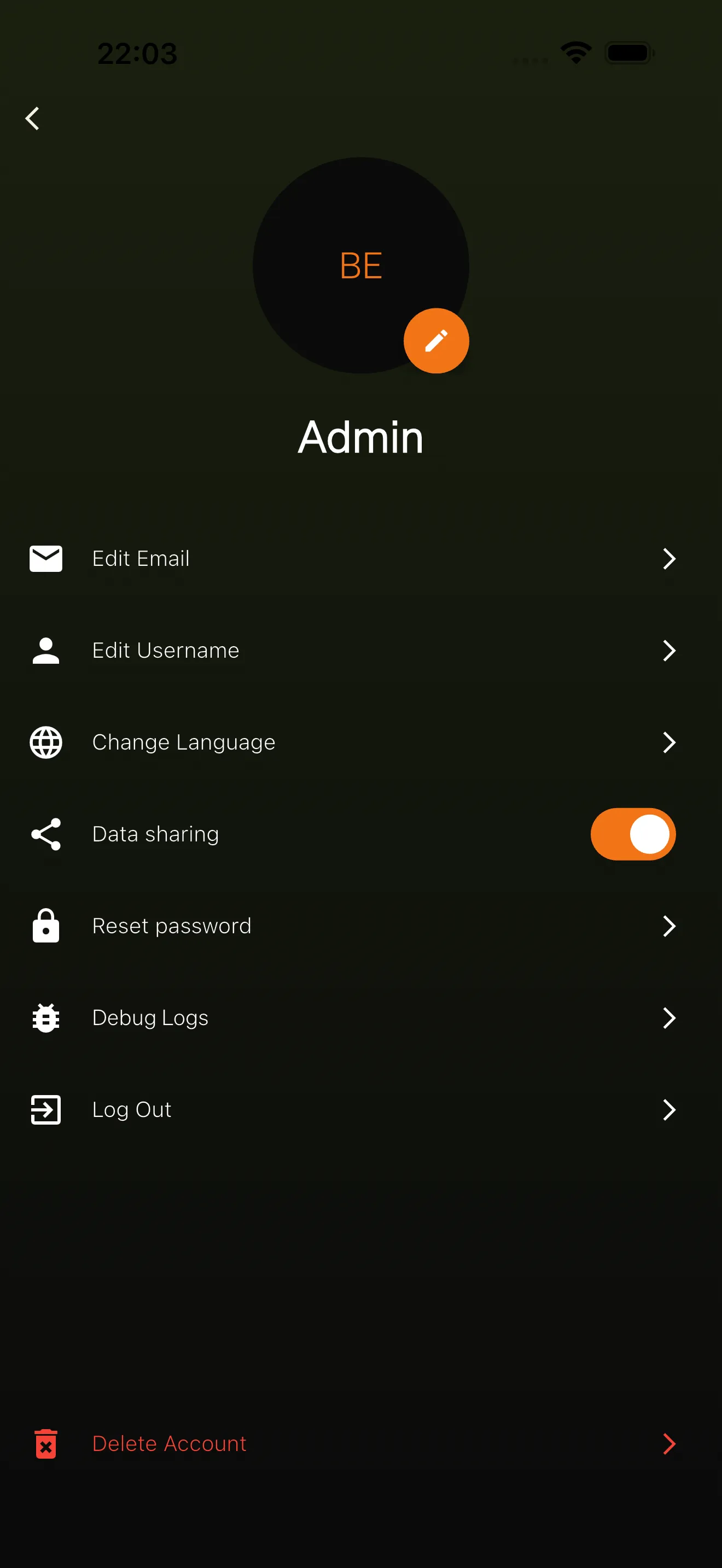 The profile page showing the user’s avatar, username, and a list of menu options.