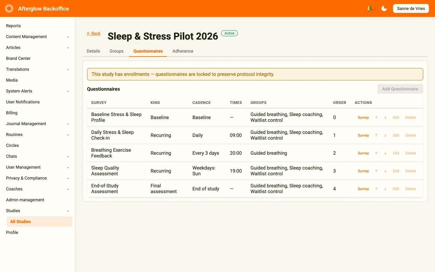 The Questionnaires tab locked with a banner after participants have enrolled.