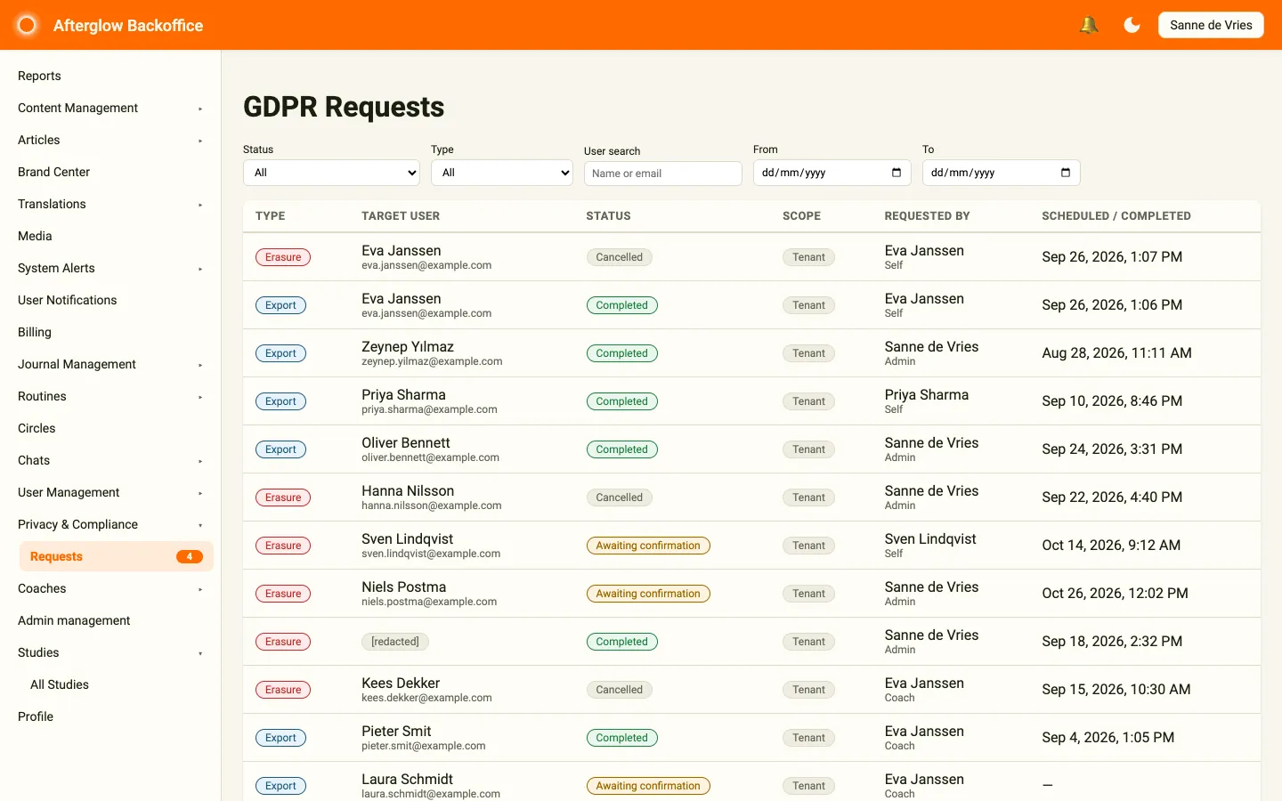 GDPR Requests list with the status filter set to All, showing export and erasure requests in different states