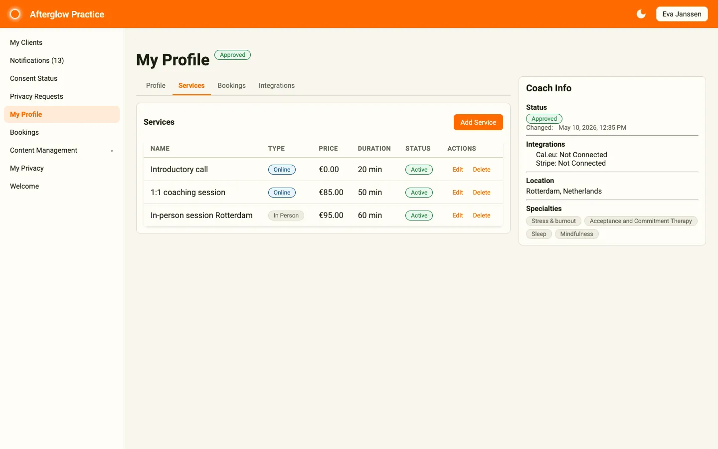 Services tab showing the services table with name, type, price, duration, and status