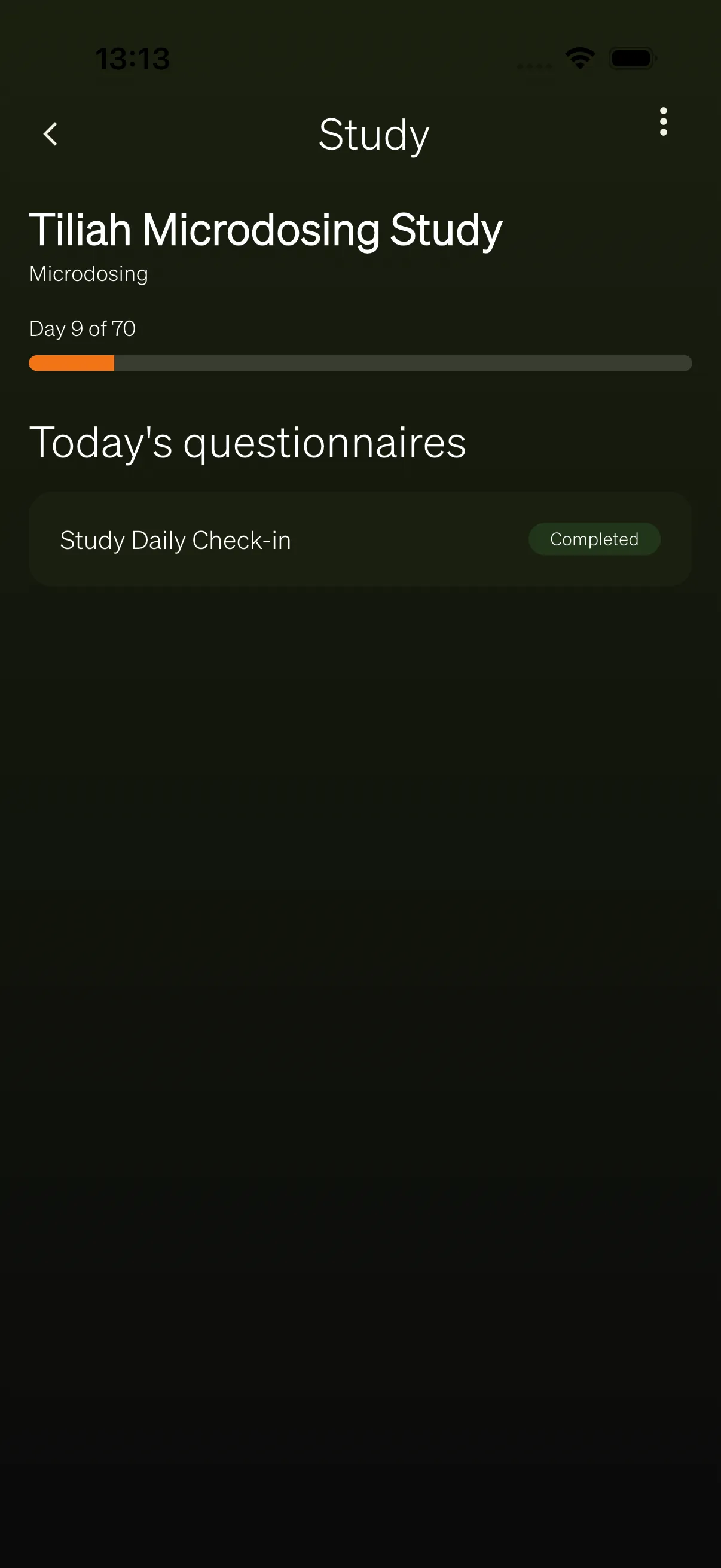 The Study surface with the day-progress header and today’s questionnaires.