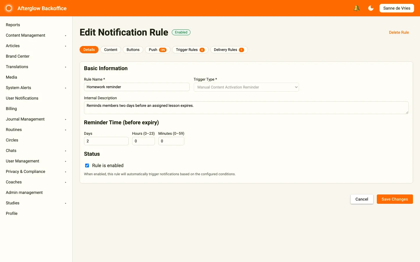 The Edit Notification Rule page showing the Details tab with rule name, trigger type, internal description, reminder time and status, and the six tab buttons